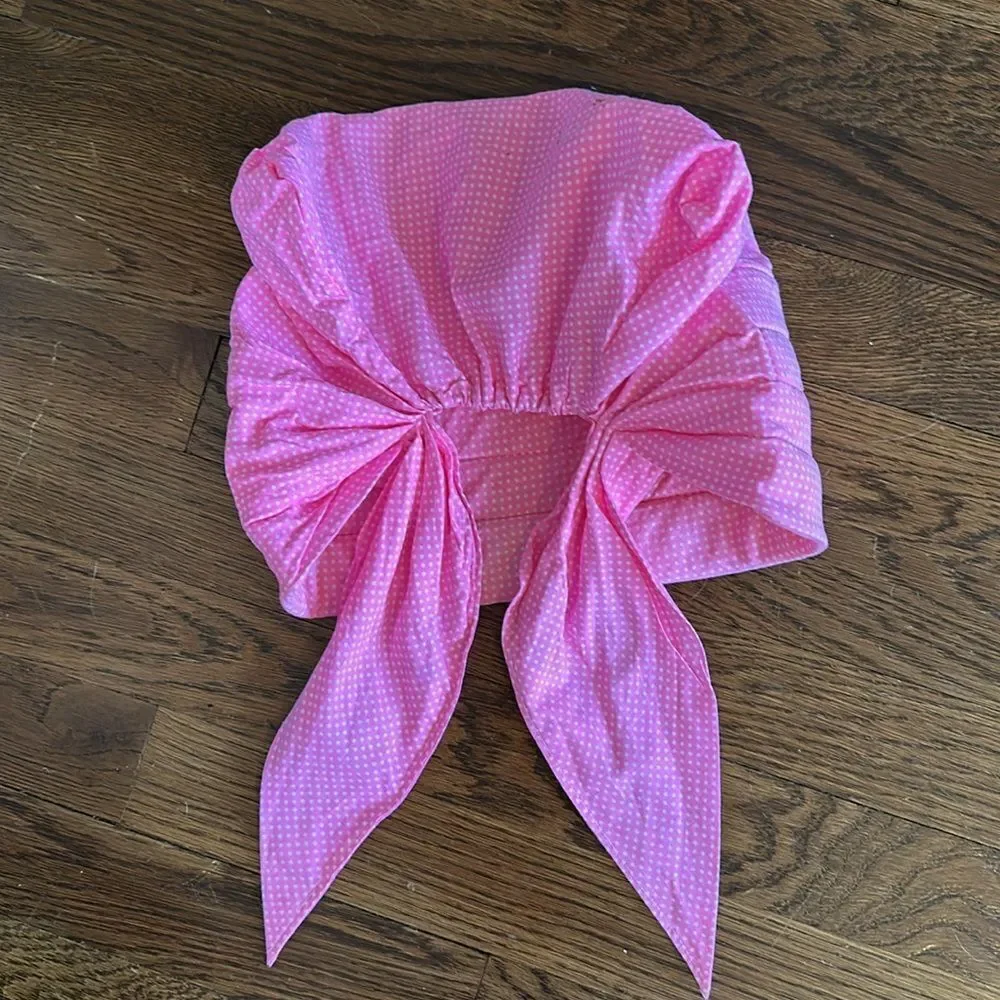 Vintage 60s bright pink with tiny white polka dots head cotton head scarf/bonnet